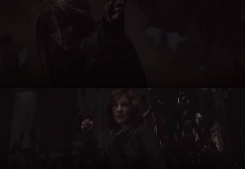 Two pictures are seen; on the top Dahlia is pointing devil horns at something. On the bottom, we see Dahlia was pointing at the pyramid figure head we saw earlier creeping up behind Anna who is still on her throwing rocks game.