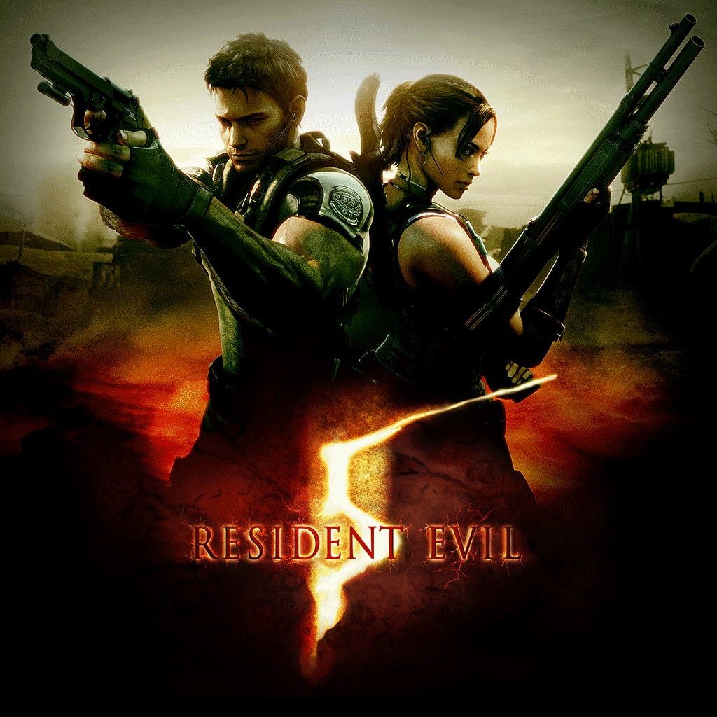 Cover art for the video game Resident Evil 5 featuring a white man with short brown hair and massive biceps holding a pistol with his back against a light-skinned Black woman with a ponytail holding a rifle