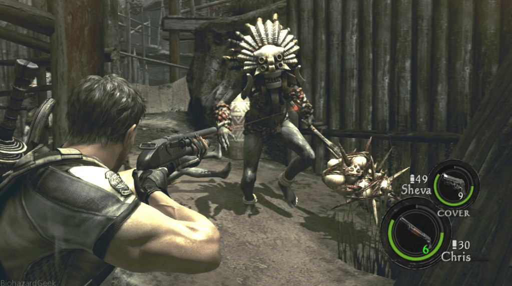 Our muscular white male protagonist takes aim at a very tall Black man in an elaborate wooden mask.