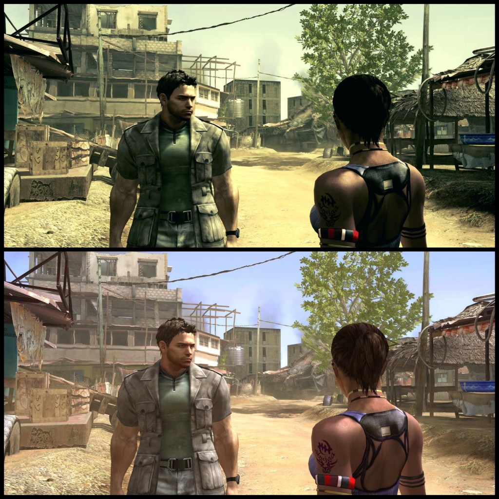 Image of a white man (protagonist Chris Redfield) talking to a Black woman with her back facing the camera (his partner Sheva) in an Africa village. The top verson has a green tint while the bottom is more naturally colored.