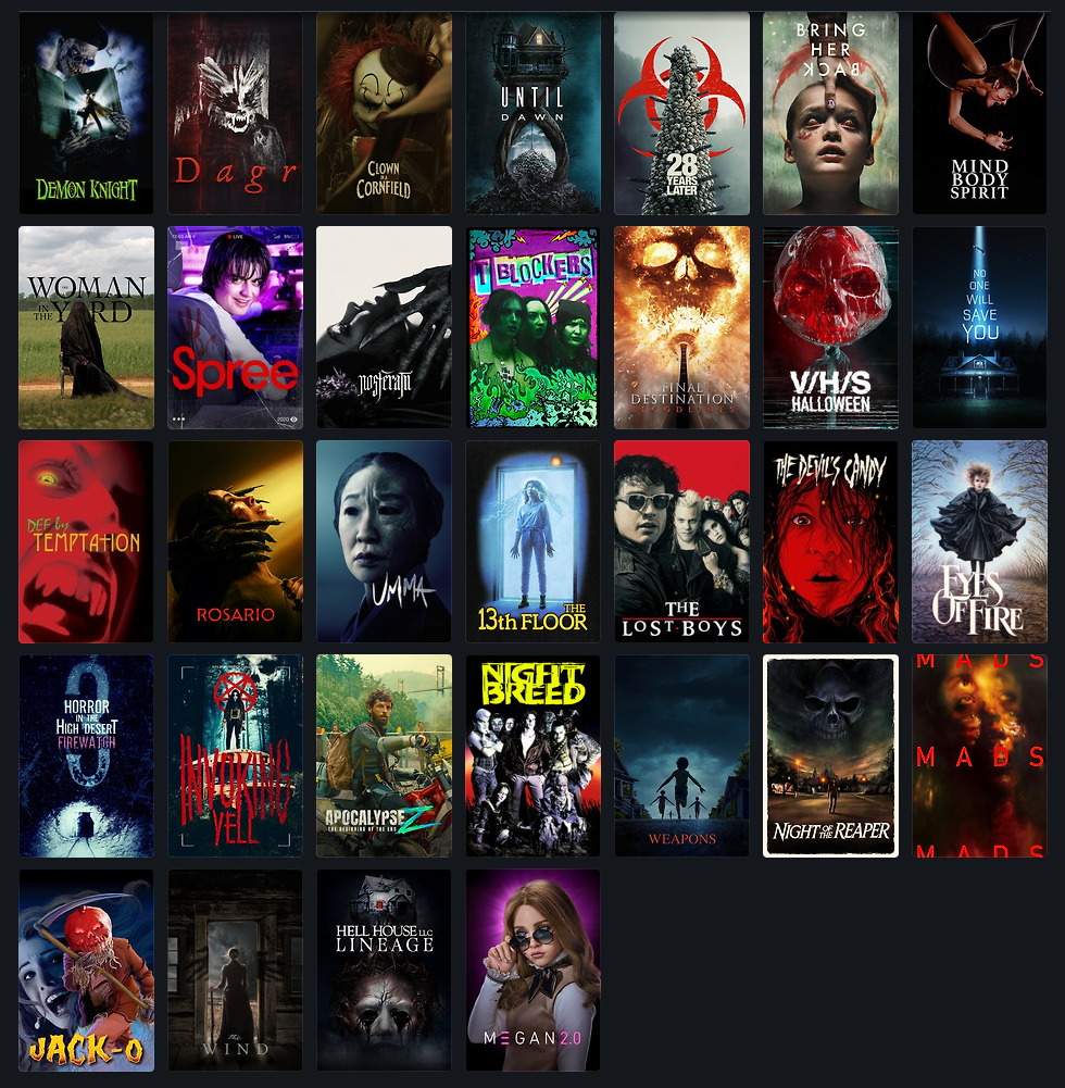 Movie posters of all 32 horror movies I ended up watching in October 2025